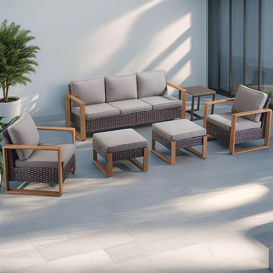 Rilyson Outdoor Wicker Patio Furniture Set - 6 Piece Patio Conversation Set with 2 Wicker Armrest Chairs,2 Rattan Ottoman,1 Side Table and 1 Couch,Sturdy Frame,Thick Cushions,Deep Seating(Brown/Grey)