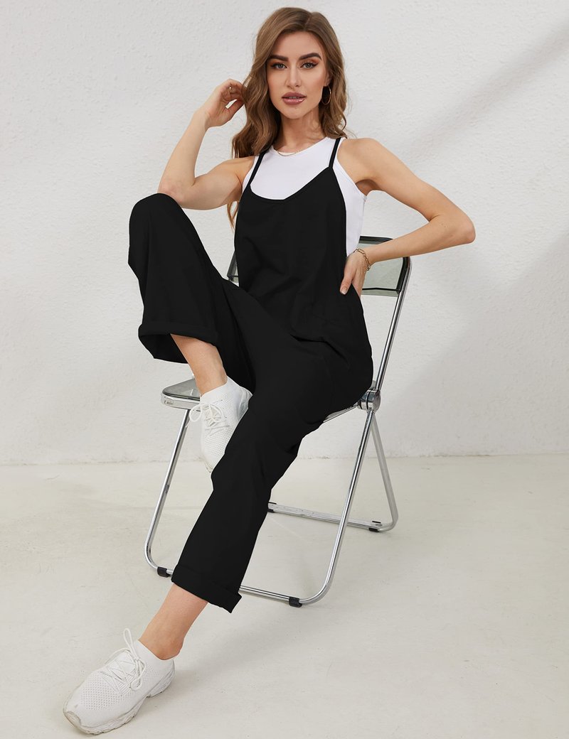 Lentta Women's Causal Jumpsuits V Neck Sleeveless Harem Overalls Stretchy Adjustable Strap Romper with Pockets(Black-L)