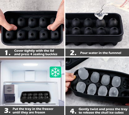 Webake Skull Ice Cube Mold 3D, 10-Cavity Skeleton Head Silicone Ice Mold with Lid and Funnel for Whiskey Cocktail Reusable for Halloween Baking Chocolate, Candy, Pudding