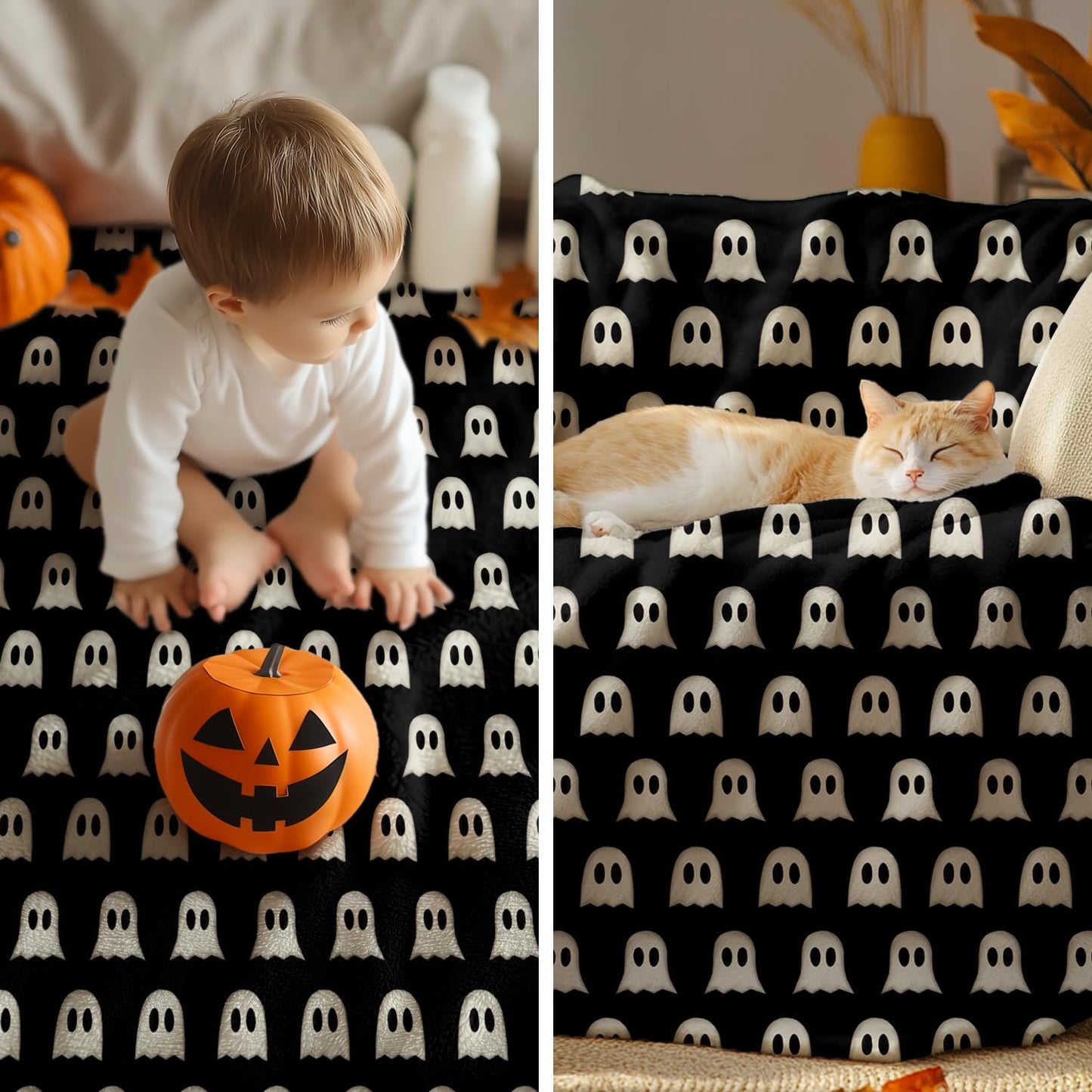 Horaldaily Halloween Flannel Blanket Throw, Cute Ghost Black Soft Fuzzy Plush Cozy Fleece Blankets for Couch Sofa Bed Lounging, Ideal Gifts for Kids Adults Wife Self, 50x60