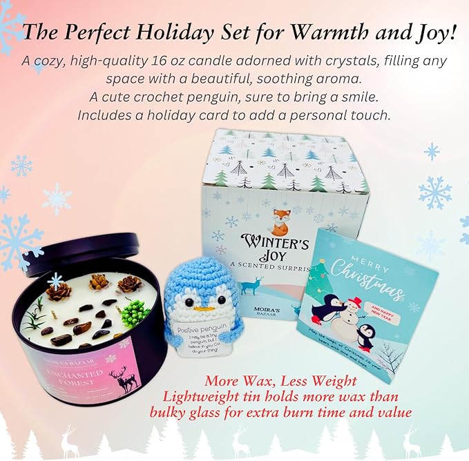 Moira's Bazaar Winter's Joy Gift Set – 16 Oz 50 Hr Scented Candle with Crystals & a Crochet Positive Penguin | Christmas, Holiday, or Motivational Gift, Artisanal Luxury Fragrances (Enchanted Forest)