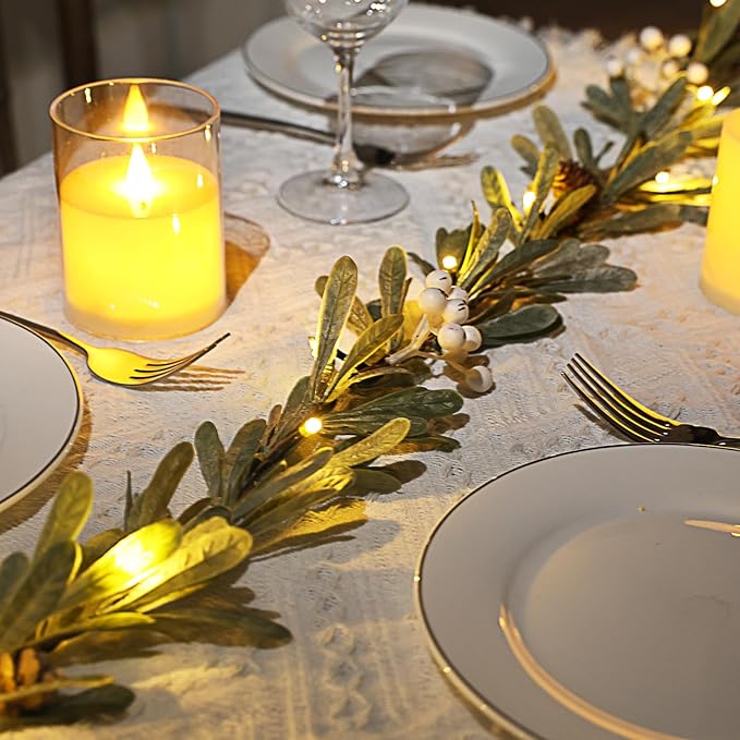6ft Christmas Garland with Lights – Artificial Greenery Olive Garland with White Berries, Pinecones & Warm LED Fairy Lights – Holiday Garland for Home, Wedding, Party Decorations