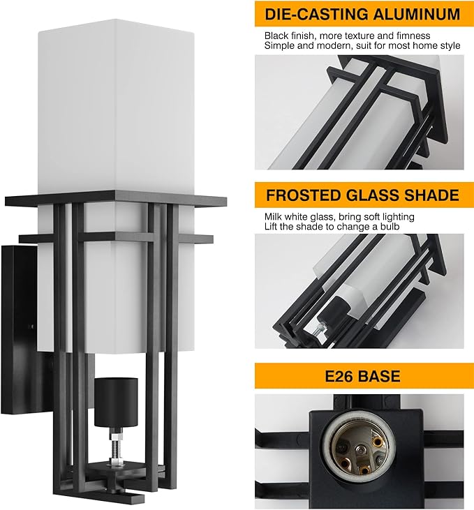 Outdoor Lighting Fixtures Wall Mount, Outdoor Wall Lights Modern with Frosted Glass, Aluminum Exterior Light for House Outdoor Wall Lantern for Garage Porch Carriage Patio (14.6''H, 1 pc)