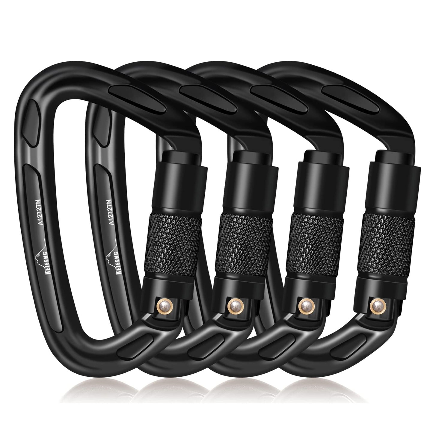 BEIFENG 25KN Auto Locking Carabiner - UIAA Certified Heavy Duty Climbing Carabiners for Rock Climbing, Camping, Rappelling, Hunting, Rescue Equipment - Professional Carabiner Clips (4-Pack, Black)