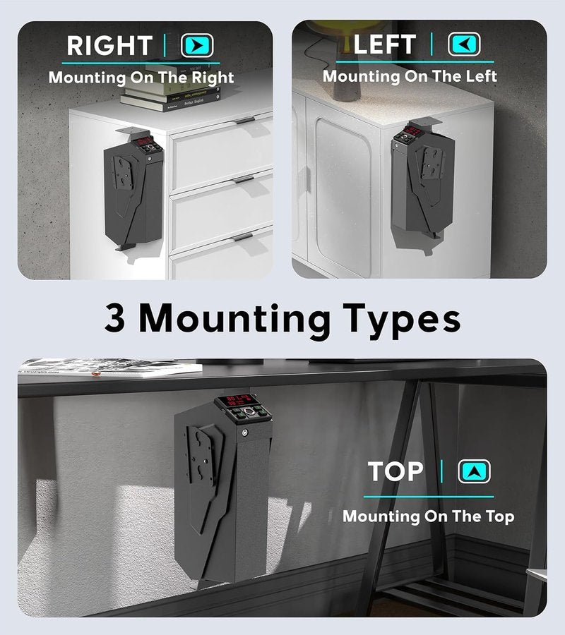 Handgun Safe - Quick-Access Mounted Nightstand Pistol Safe with Biometric Lock | Auto Open Lid, Secure Storage