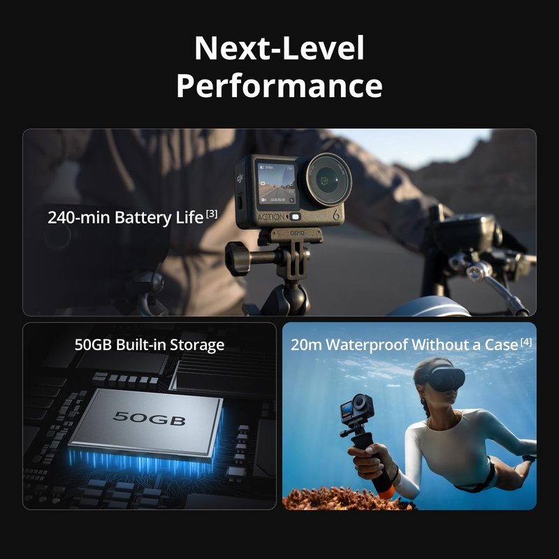 DJI Osmo Action 6 Essential Combo, 8K Waterproof Action Camera with 1/1.1" Square Sensor, Variable Aperture of f/2.0–f/4.0, Rocksteady 3.0, Cold-Resistant, 4hrs Battery, 50GB Storage, Vlogging Camera