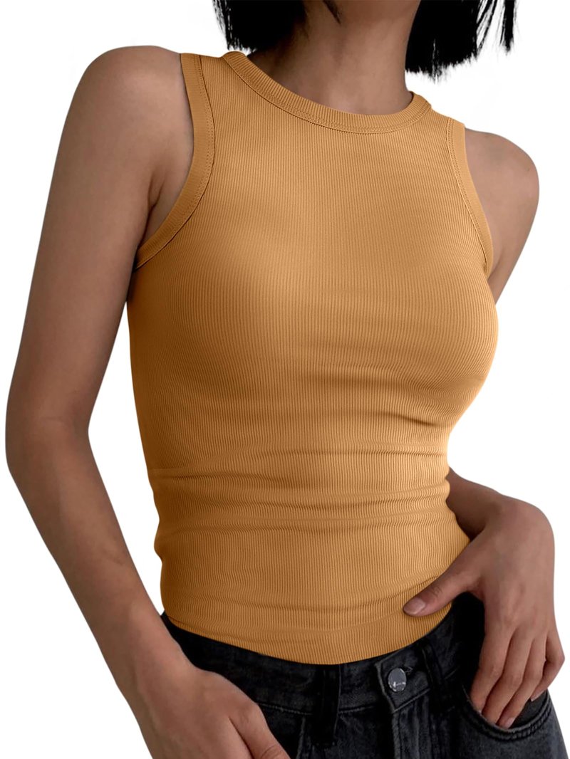 ANRABESS Womens Sleeveless High Neck Tank Tops Fashion Summer Casual Basic Slim Fit Ribbed Racerback Top Shirt Clothes Ginge Small