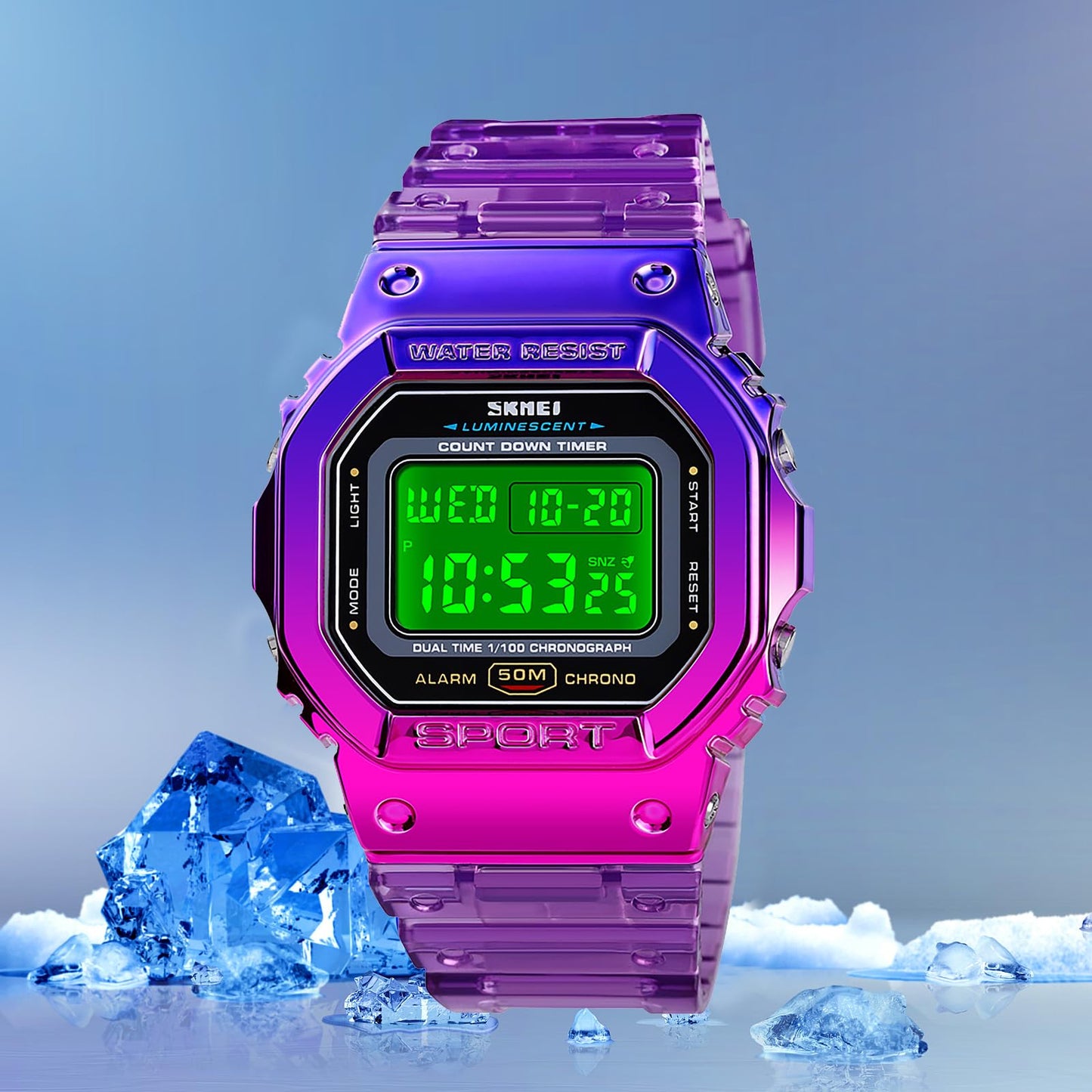 FANMIS Mens Military Multifunction Digital Watches 50M Water Resistant Electronic 7 Color LED Backlight Black Sports Watch (Y Purple)