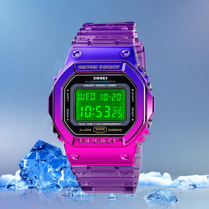 FANMIS Mens Military Multifunction Digital Watches 50M Water Resistant Electronic 7 Color LED Backlight Black Sports Watch (Y Purple)