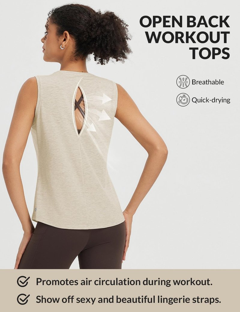 baleaf Yoga Tops for Women High Neck Open Back Workout Tank Tops Sleeveless Shirts Loose Fit Athletic Gym Heather Khaki L