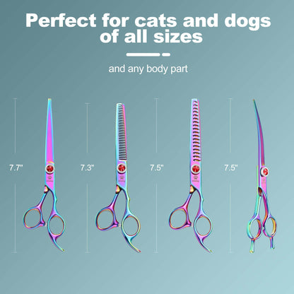 GLADOG 7 Inch Professional Dog Grooming Scissors Kit, Titanium Dog Scissors for Grooming, Heavy-Duty Dog Shears for Grooming, 6-in-1 Pet Grooming Scissors for Dogs (Pro Rainbow)