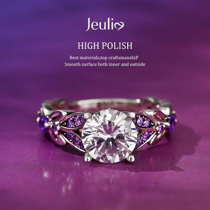 Jeulia 4.3 Carat Personalized Sterling Silver Butterfly Rings for Women Purple Amethyst Birthstone Bridal Rings Set Round Cut Wedding Engagement Promise