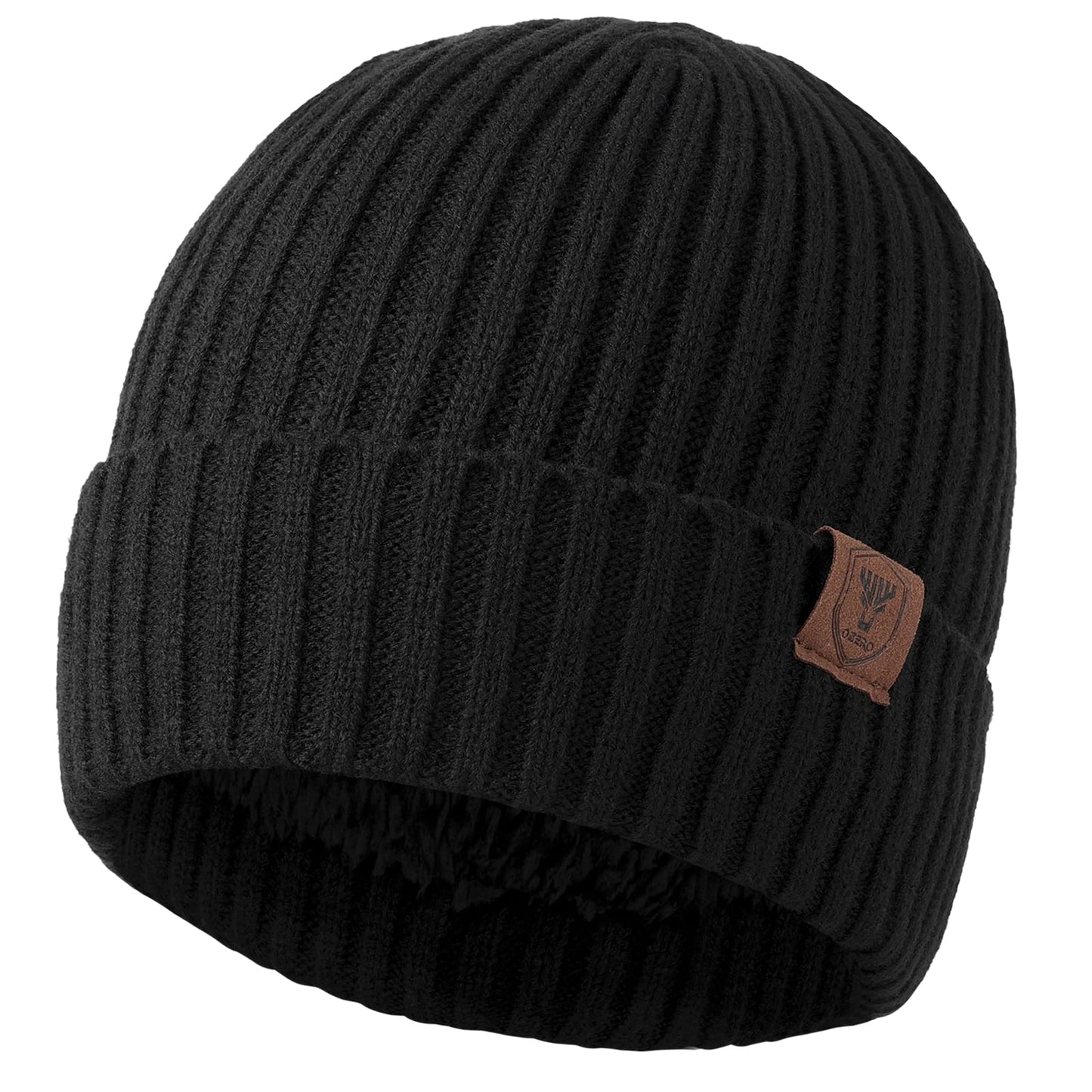 OZERO Winter Beanie Hat for Men and Women: Warm Knit Skull Hat with Thermal Thick Polar Fleece Lining Snow Cap Winter Gifts for Family and Friends - Black