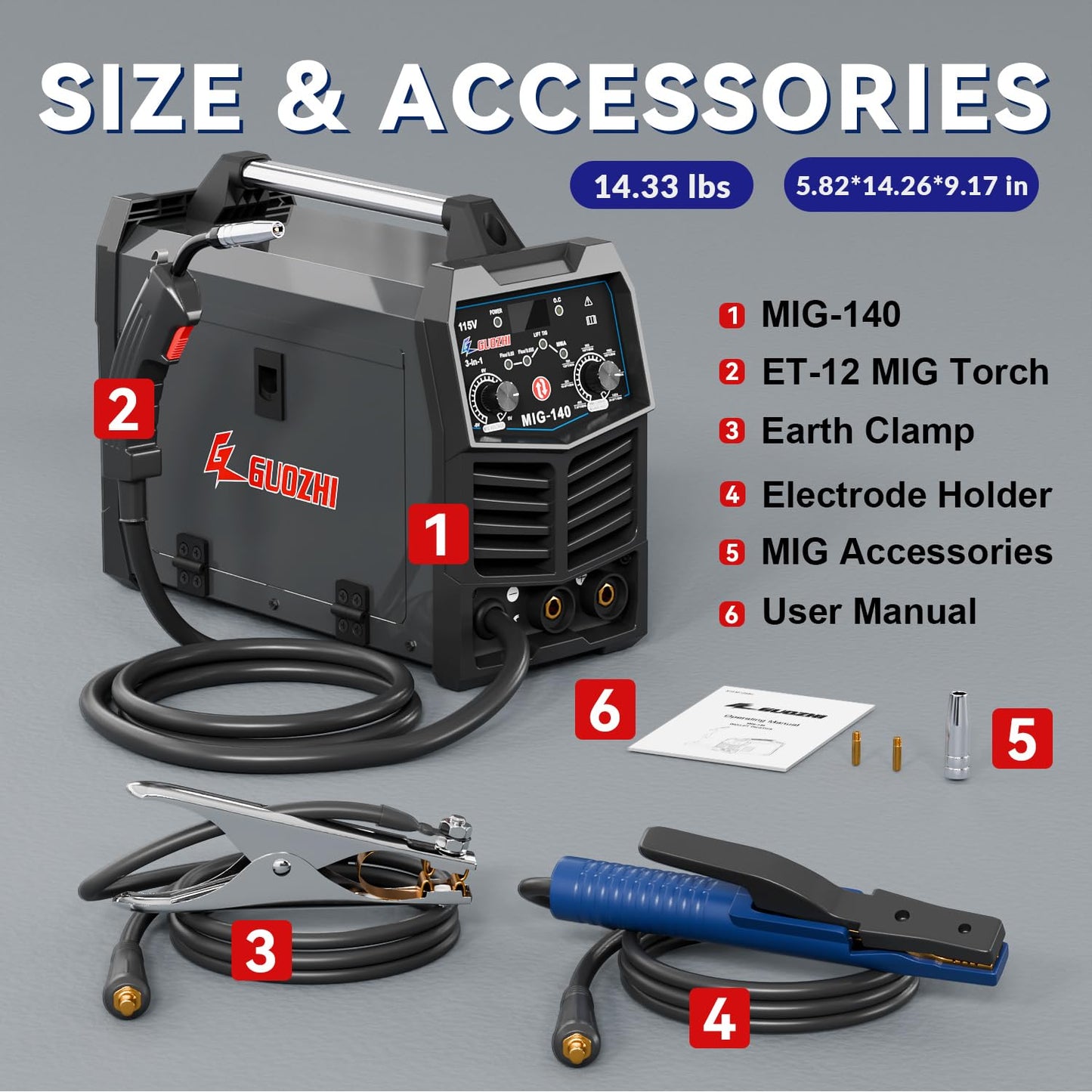 GZ GUOZHI 140A MIG Welder, 3 in 1 Welder FLUX MIG/ARC/Lift TIG Multi-Process Mig Welder, 110V Welding Machine, Welder Machine 110v Flux Core Welder with Welding Gun