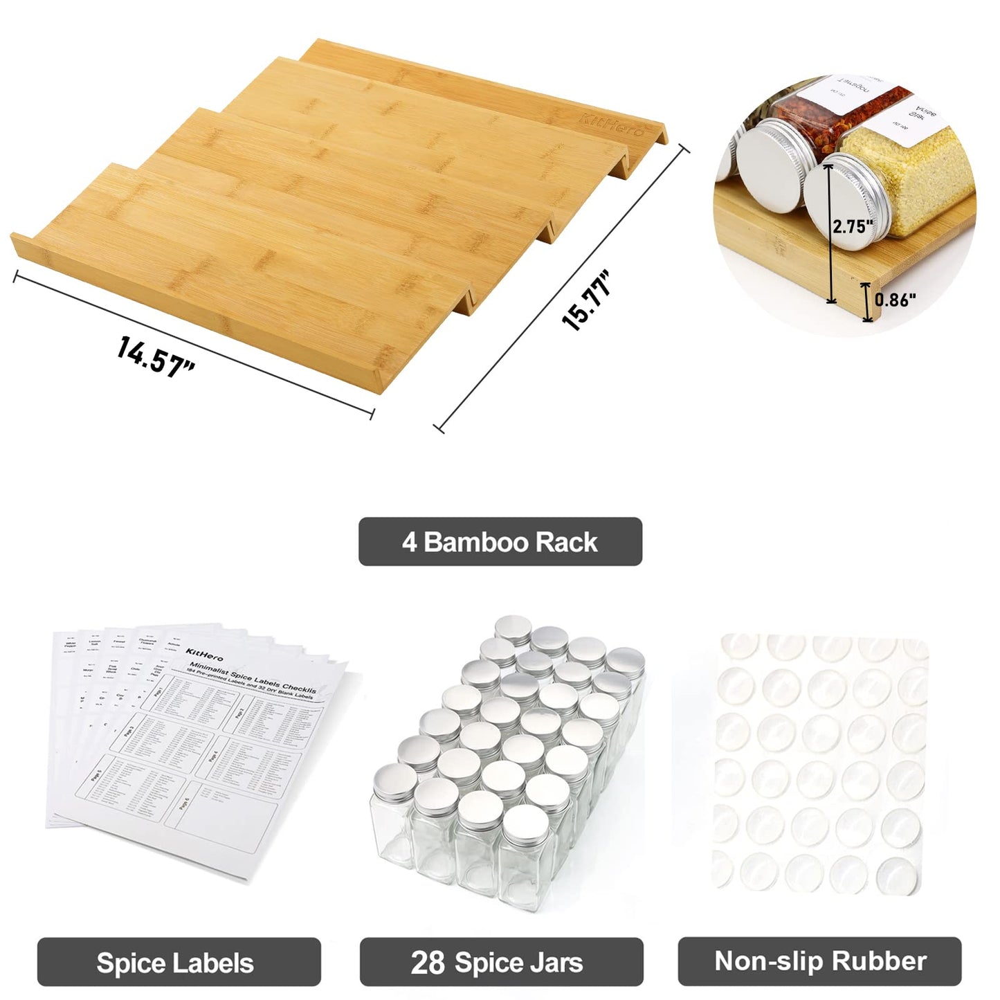 Spice Drawer Organizer with 24 Spice Jars and 216 Labels,Non-slip Rubber, Bamboo 4 Tier Spice Racks Tray Seasoning Containers for Kitchen Drawers,Cabinets,Countertops,13" Wide * 15.8" Deep