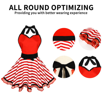Violet Mist Lovely Retro Kitchen Aprons Women Girl Red Sweetheart Striped Apron for Ladies Cute Lace Apron Vintage Apron Red Christmas Apron 1950s French Maid Cooking Apron Adjustable Waist Mom Gift