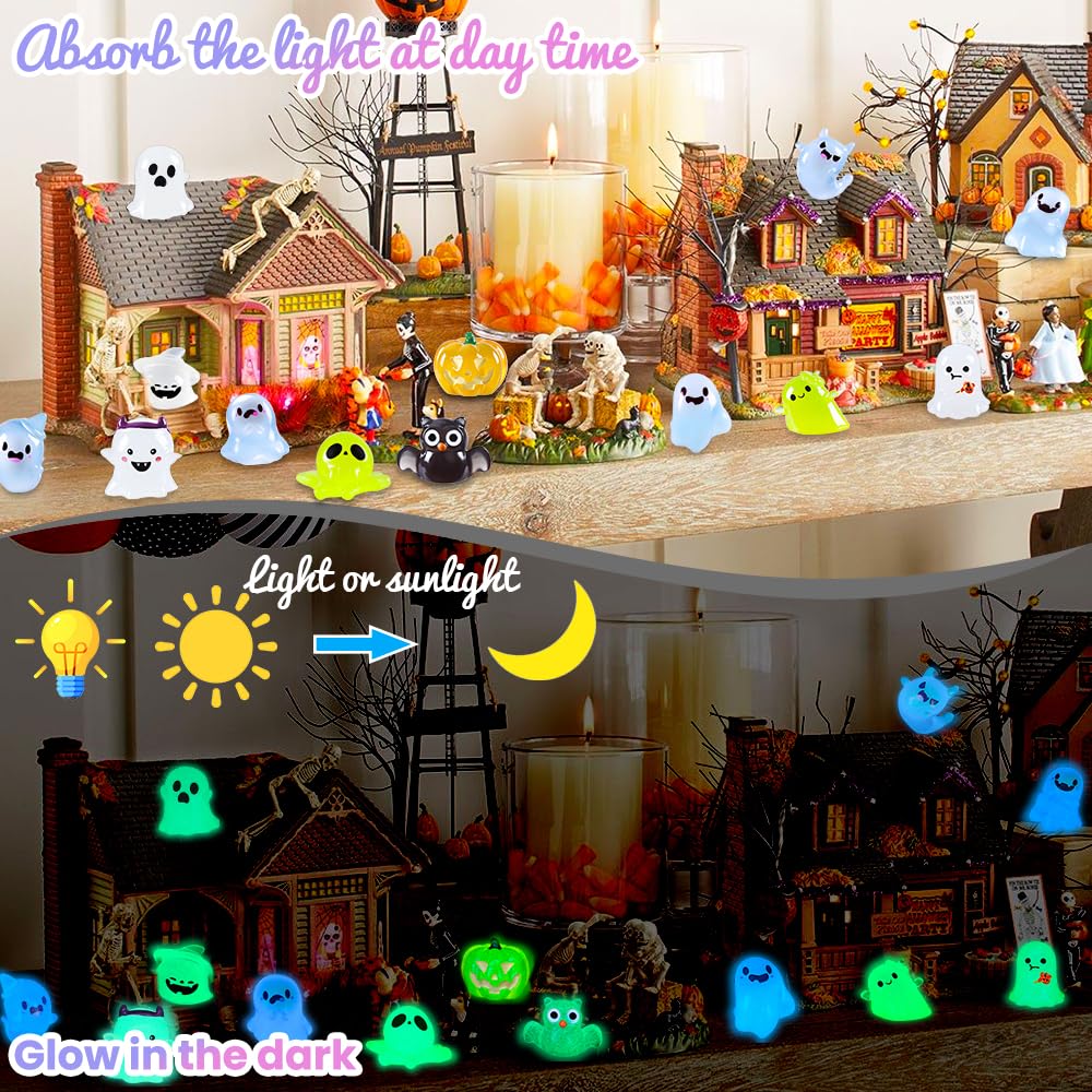 DIYDEC 32PCS Halloween Luminous Mini Figures - 32 Styles Glow in The Dark Tiny Resin Miniatures - Pumpkin Skull for Party Favors, Bag Fillers, Garden, Dollhouse Decor