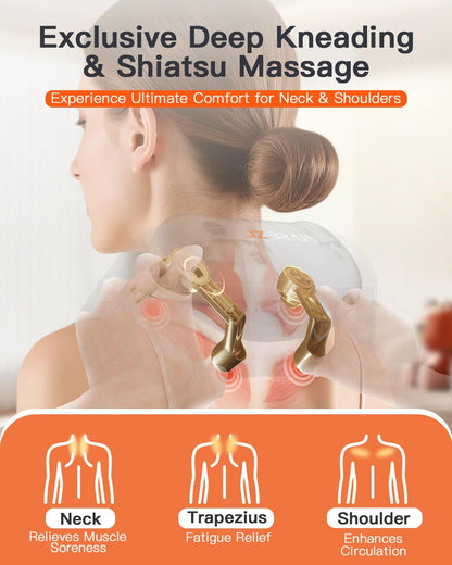 Neck and Shoulder Massager with Heat – Cordless Shiatsu Neck Massager for Pain Relief Deep Tissue - Adjustable Speed & Modes Kneading Massage for Back - for Men Women