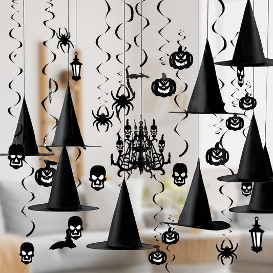 JOYIN 6pcs Hanging Witch Hats Halloween Decorations Indoor 21pcs Swirl Halloween Porch Decor Black, Wall Decorations for Home Yard Porch Ceiling Ornaments Bat Spider Pumpkin Skull Ceiling Streamers