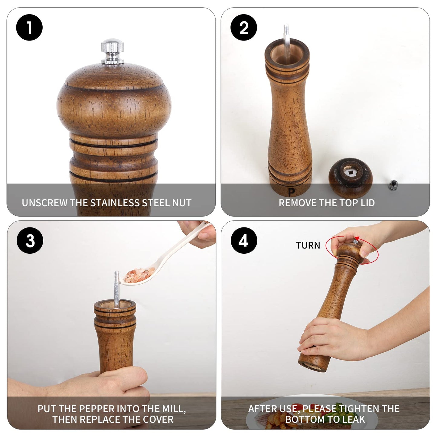 Salt and Pepper Grinders Set, Haomacro 10Inch Updated Manual Wooden Pepper Shaker Set,Oak Wood Salt Mill Pepper Grinder Set Refillable with Adjustable Ceramic Rotor 2Pack