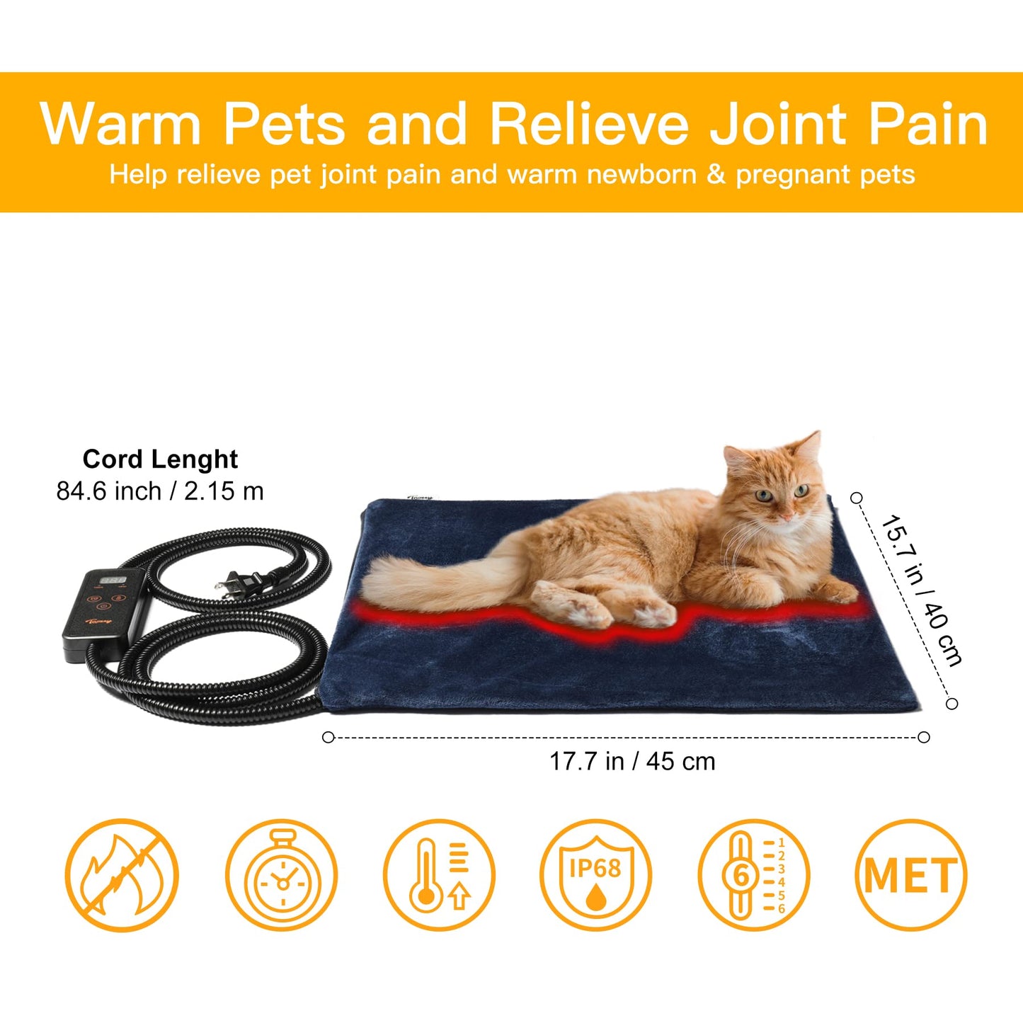 Toozey Small Pet Heating Pad, 6 Adjustable Temperature Dog Cat Heating Pad with Timer, Waterproof Heated Cat Bed with Chew Resistant Cord, Indoor Electric Pet Heated Mat 18x16in