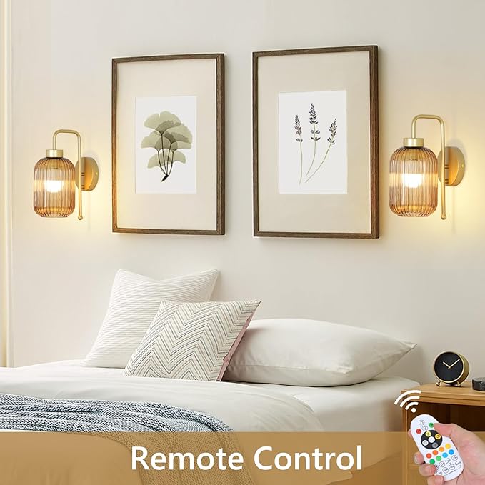 Vintage Gold Wireless Wall Sconces Battery Operated, Rechargeable Wall Lights Set of 2 with Amber Stripe Glass Shade, Remote and Bulb, Cordless Sconces Wall Decor for Bedroom Living Room
