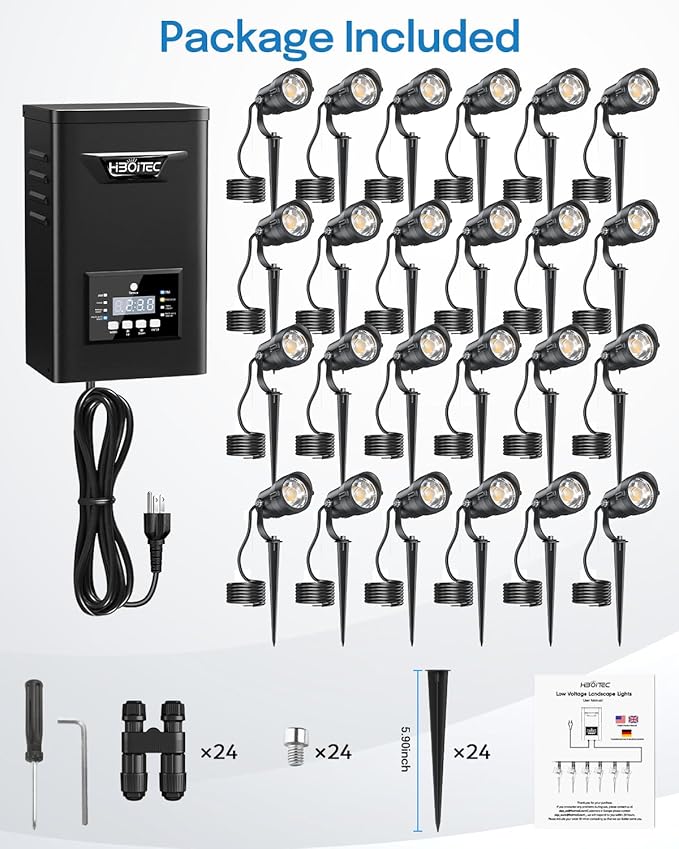 HIBOITEC 12W Low Voltage Landscape Lighting with 400W Transformer Photocell Sensor and Timer Connectors Spotlights Landscape Lights Kit IP65 Waterproof 2700K for House Yard Trees Outdoor 24 Packs