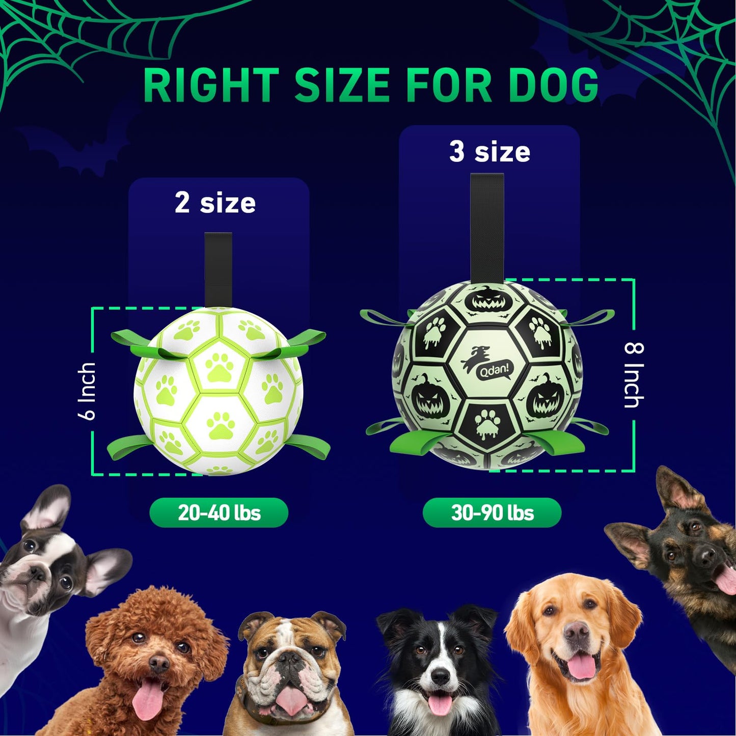 QDAN Halloween Glow in The Dark Dog Toys, Dog Ball with Straps, Soccer Ball for Dogs, Outdoor Dog Toys, Pet Birthday Toys, Puppy Essentials for Medium to Large (8Inch)