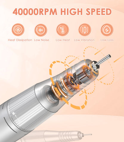 Portable Nail Drill Electric File: 40000RPM Professional Rechargeable Nail E-File Machine, Cordless Nail Drill with Bits & Base for Acrylic Nails Remove Nail Gel Polish Manicure for Salon Home, White