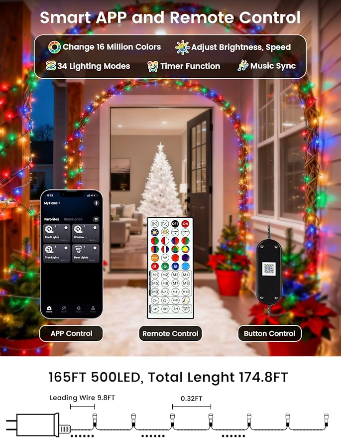 Smart Color Changing Christmas Lights with Remote & APP, 175FT 500 LED RGB Dimmable Christmas String Lights, Waterproof Fairy Twinkle Light for Indoor Outdoor Xmas Tree Wedding Holiday Decorations