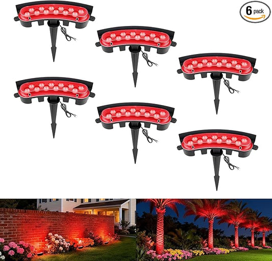 Low Voltage Landscape Flood Lights, Red Light 9W 12V Wired Outdoor LED Color Floodlights for Uplighting Palm Tree House Flag Wall Washer, Super Bright, Unique Design, Aluminum, Black, 6Pack