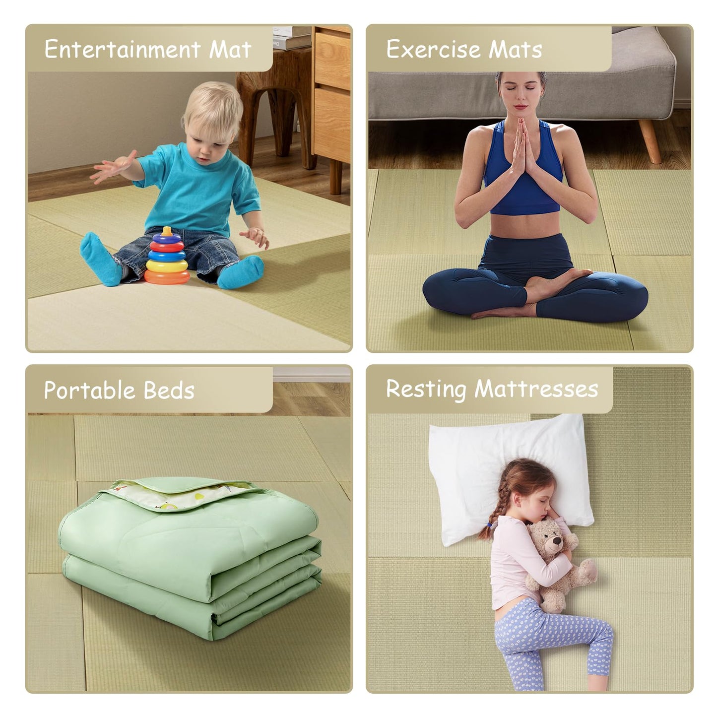 HAGiHARA Japanese Tatami Mat, Patchwork Tatami Floor Mats, 64" x 64" Foldable Square with Non-Slip Design for Bedroom, Crawling and Yoga, Made of Rush Grass, Igusa(Without Edge/4 Picecs)