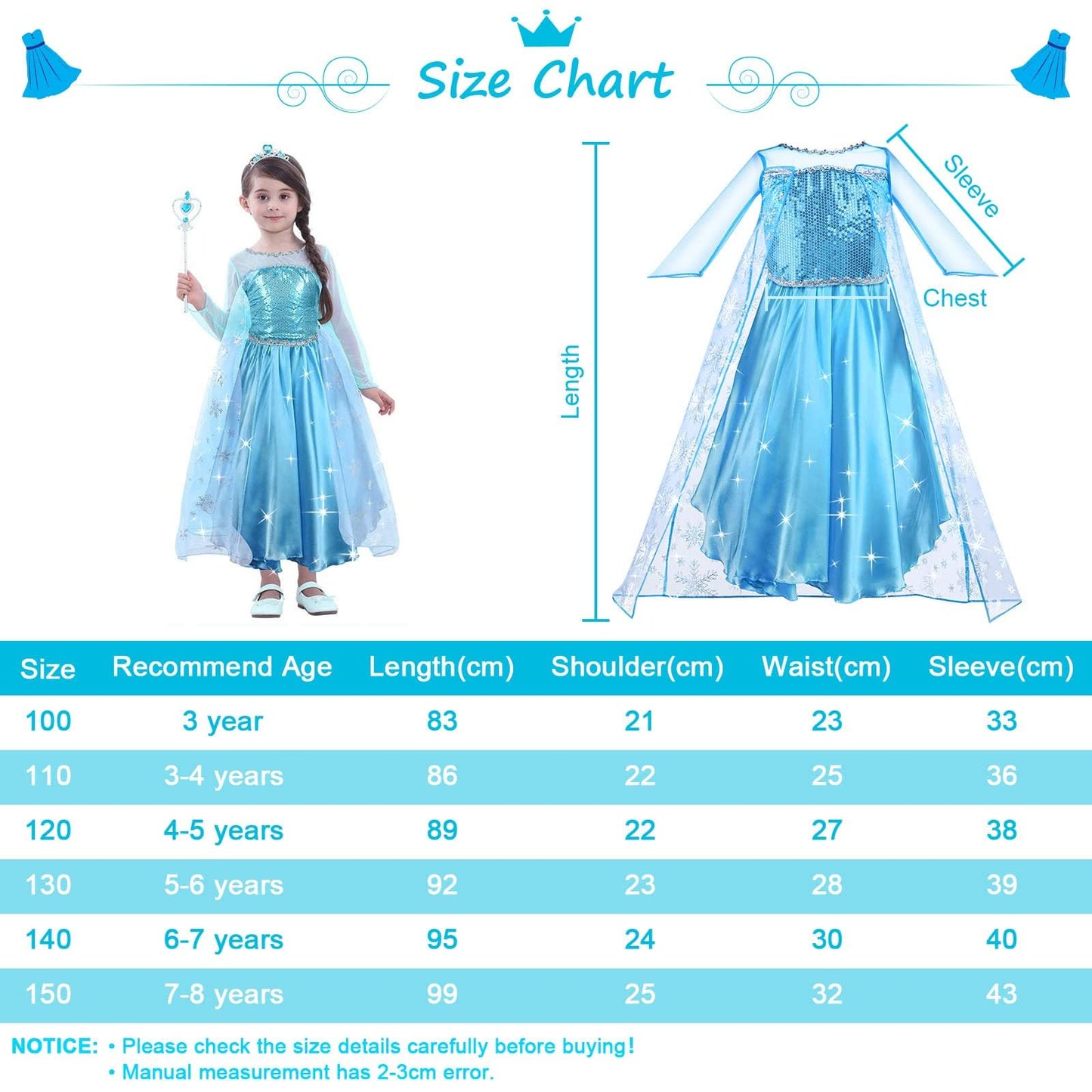 URAQT Dress Up for Girls, Princess Costumes for Girls, Fancy Princess Dress, Princess Costume with Fairy Wand and Crown Tiara, Deluxe Girls Fancy Dress for Party Cosplay Bridesmaid Pageant