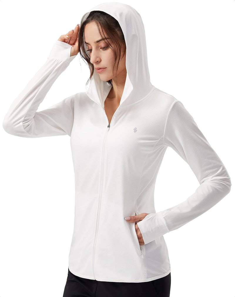 Soothfeel Women's UPF 50+ Sun Protection Hoodie Jacket Lightweight Long Sleeve Sun Shirt for Women with Pocket Hiking Outdoor B-White