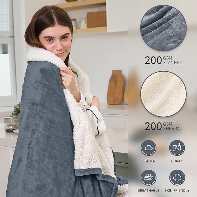 Heated Throw Blanket, Electric Blanket Throw with 5 Heating Levels & 4 Hours Auto Off, Super Soft Flannel Sherpa Fast Heating Blanket with ETL Certified for Bedding, 50"x60", Gray