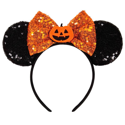 TEBWPIY Halloween Headband - Black Mouse Ears Headband with Shiny Orange Bows and Pumpkin Decoration, Costume Headwear for Girls Women, One Size Fits Most