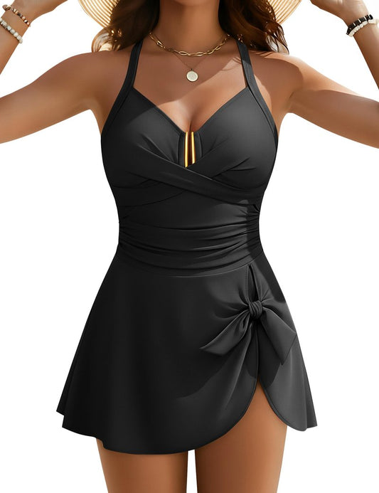 Blooming Jelly Womens Tummy Control One Piece Swimsuits Criss Cross Push Up Bathing Suits U-Wire Ruched Swim Dress 2026 (L,Black)