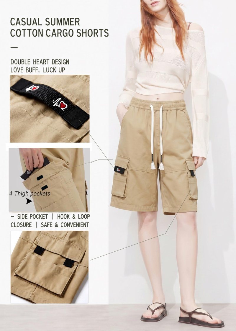 VtuAOL Women's Cargo Shorts Elastic Waist Comfy Cotton Loose Fit Shorts Khaki Asian XL/US 8-10