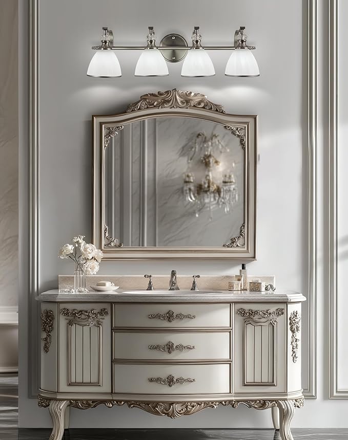 ANDY STAR Bathroom Light Fixtures Over Mirror, 4-Light Brushed Nickel Vanity Lights for Bathroom, 27.8 Inch Vintage Wall Sconce with Milk White Bell Glass Shades, Rustproof Silver Finish, E26 Base