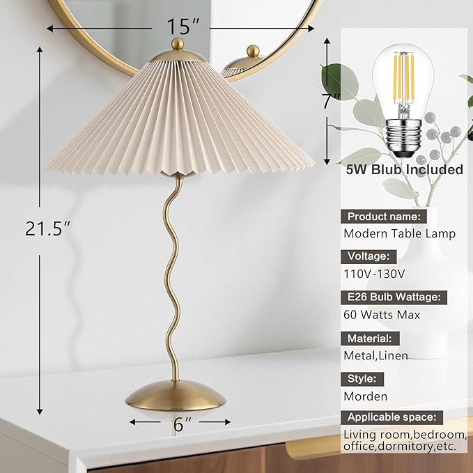 Pleated Table Lamp, S Tube Modern Table Lamp for Bedroom, Bedside Lamps with Organic Textured Linen Lampshade for Nightstand Bedroom Home Office Decor, Gold