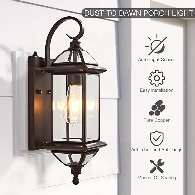 Copper Dusk to Dawn Outdoor Wall Lights Exterior Light Fixtures Porch Light Wall Mount,18.5''H Outside Lights for House,Garage,Porch Patio,Oil-Rubbed Bronze 1 Pack with E26 Socket