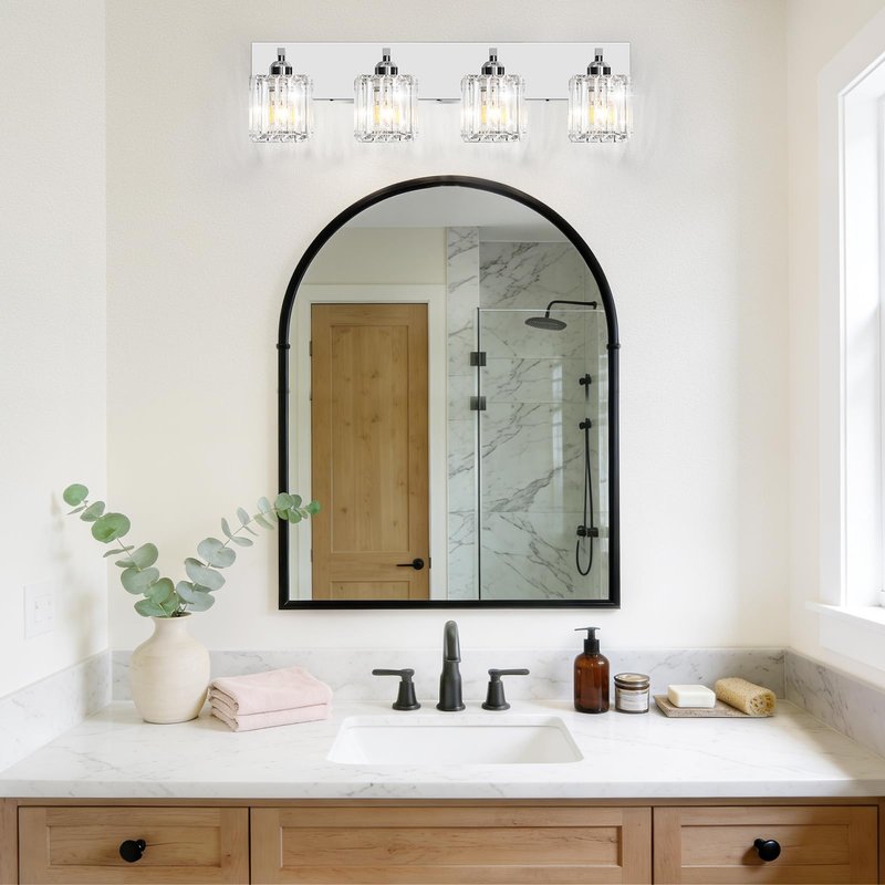 LKHF Brushed Chrome Crystal Bathroom Vanity Light, 4-Light Modern Bathroom Lighting Fixtures Over Mirror,Chrome Wall Sconce Light Fixtures with Square Shade