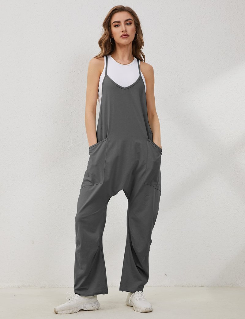 Lentta Women's Causal Jumpsuits V Neck Sleeveless Harem Overalls Stretchy Adjustable Strap Romper with Pockets(DarkGrey-L)