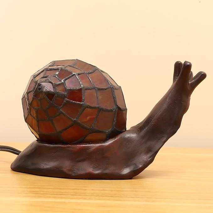 Tiffany Style Red-Brown Snail Accent Table Lamp Handmade Stained Glass Shade Night Light for Kids with 3 Color Temperatures LED Bulb Ideal Gift for Home Decor (8" D x 5" W x 5" H)