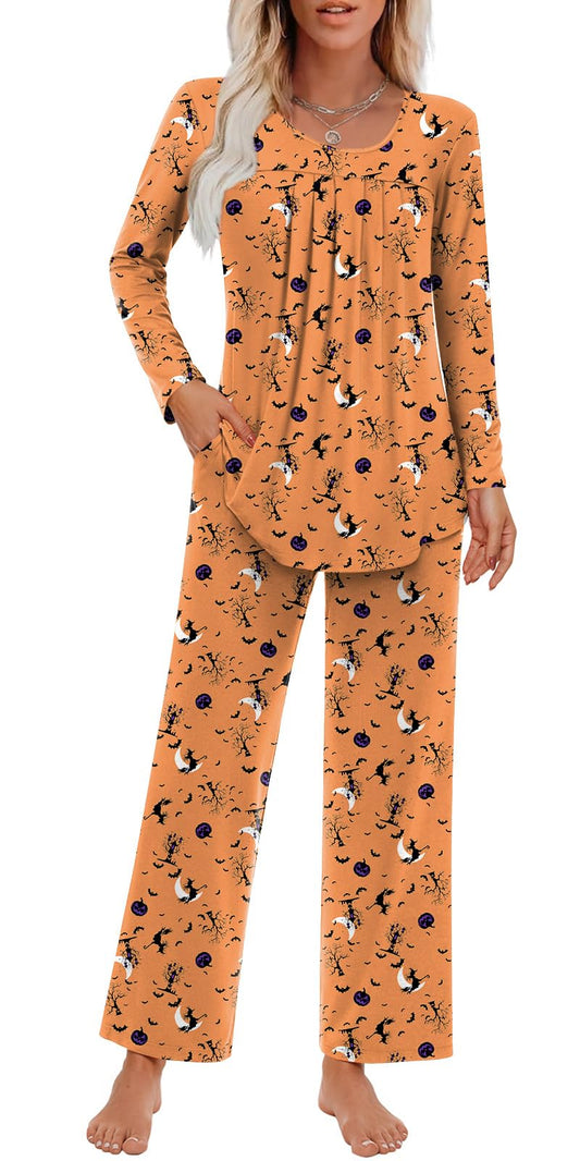 Findsweet Women's Pajama Set 2 Piece Lounge Outfits Soft Sleepwear Fall Long Sleeve Long Pant With Pockets Ladies Pjs M, Halloween Orange