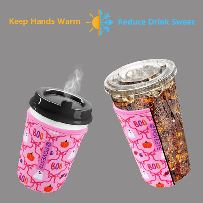 Reusable Neoprene Insulator Sleeve for Iced Coffee & Cold Soda, Coffee Sleeves for Iced & Hot Drinks, Cold Beverage Cooler Compatible with Starbucks, Dunkin (Bow Halloween, Small: 16-18oz)