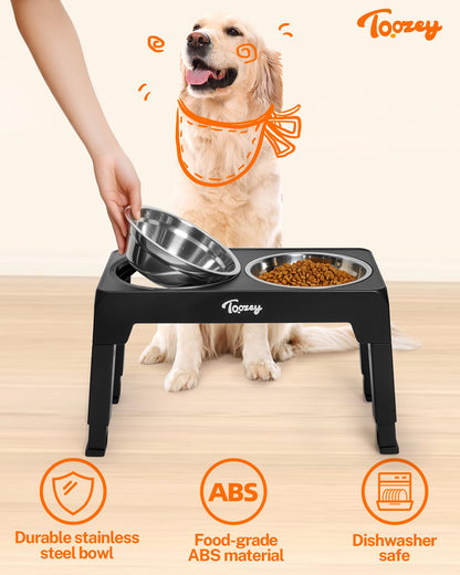 Toozey Raised Dog Bowl Height-Adjustable, Elevated Dog bowls with 2x 1200ml Stainless Steel Bowls, for Small Medium & Large Dogs, Non-Slip and No Spill, Black
