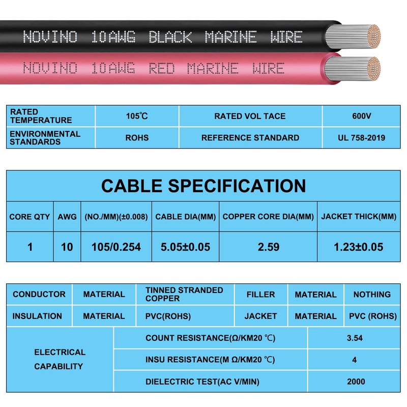 Marine Wire 10 Gauge Marine Grade Wire Include 10 AWG 100FT Red & 100FT Black,10 AWG Tinned Copper Boat Cable for Boat Speaker Automotive Battery Lighting Outdoor RV Camper Trailer