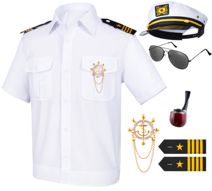 6PCS Men's Yacht Captain Sailor Costume Adult Shirt Hat Accessories Set Party Cosplay X-Small White