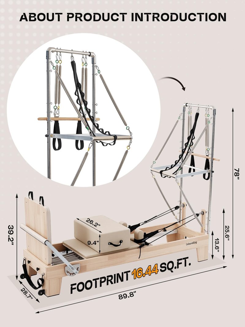 LeisureKing Pilates Reformer with Tower, Pilates Machine Equipment for Home Gym Workout, Studio Grade Reformer Set with Full Accessories, Sitting Box, Jump Board for Fitness & Pain Relief